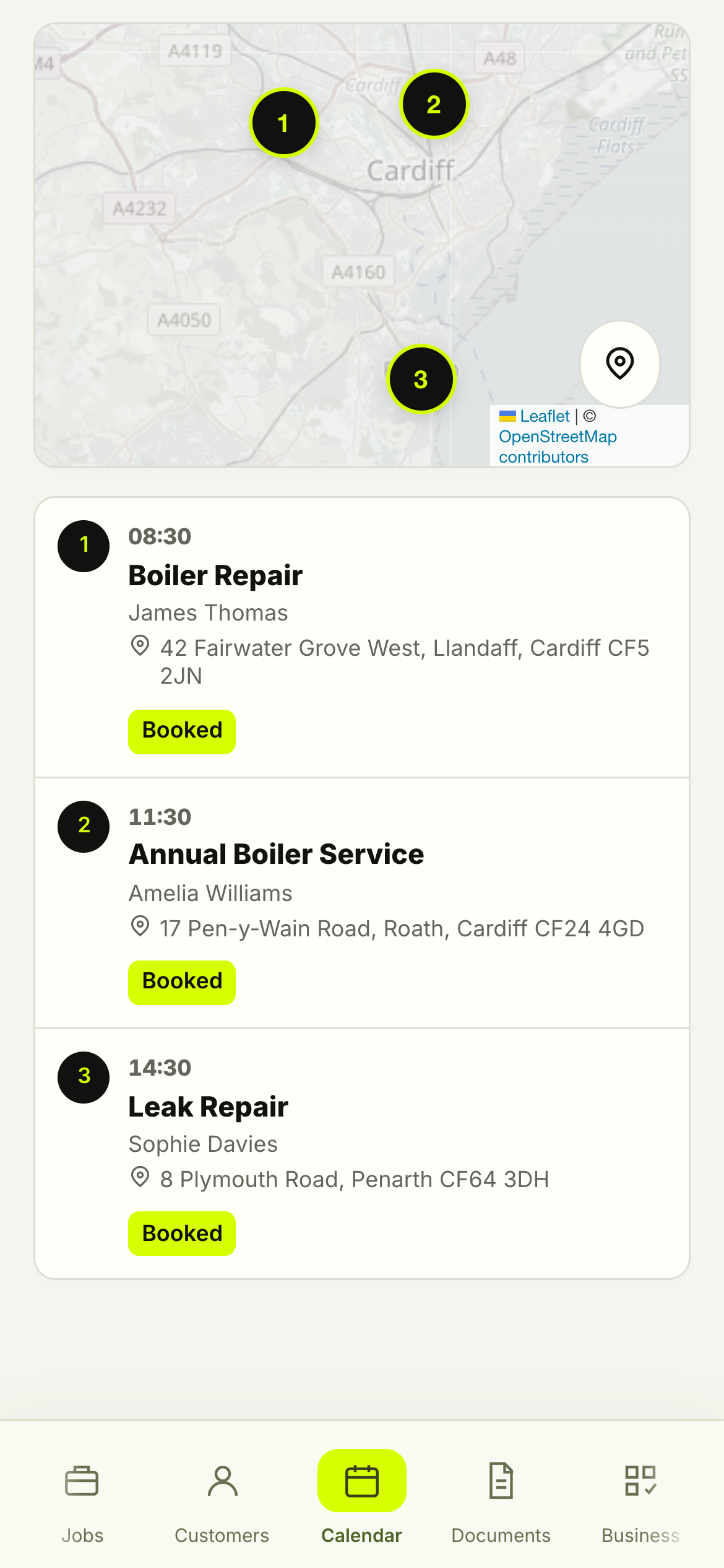 The real Traden Calendar day view showing three fictional Cardiff plumbing jobs in time order and their matching numbered map pins.