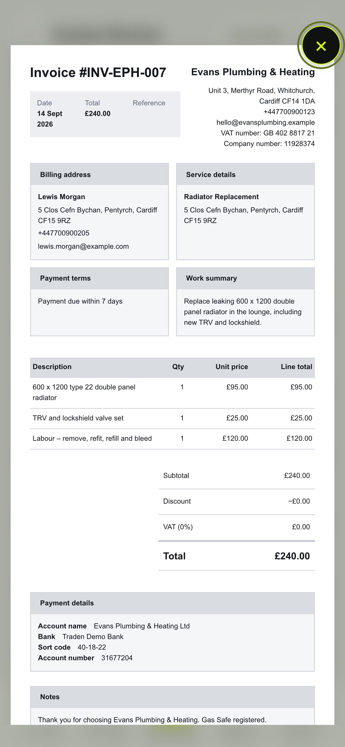 The actual Traden invoice preview for a fictional radiator replacement, showing the customer, itemised work, total and payment details.
