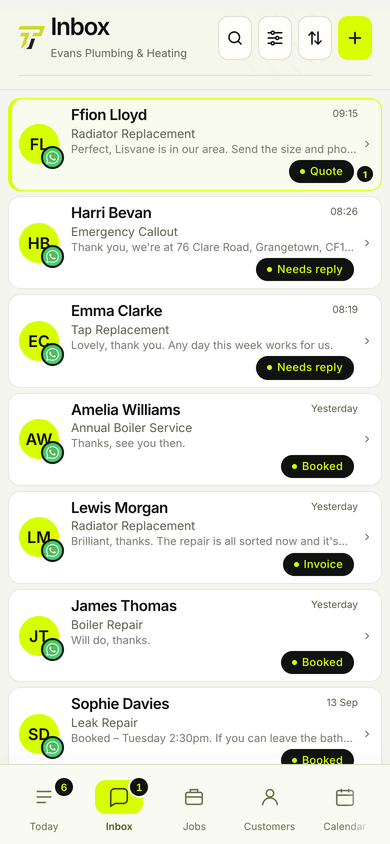 The Traden Inbox for Evans Plumbing & Heating, a fictional demo business, showing customer conversations with their status: needs reply, booked, quote and invoice.