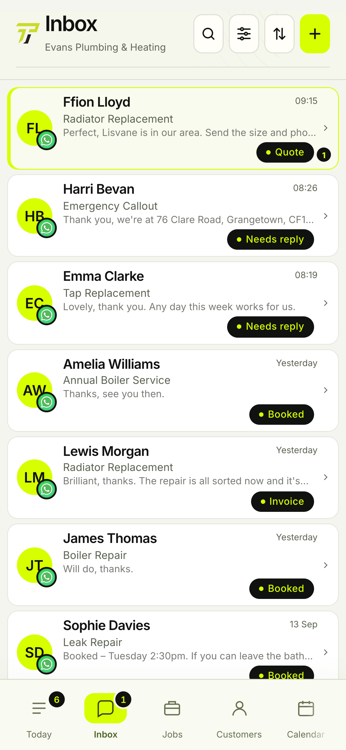 The Traden Inbox showing fictional plumbing enquiries, from a same-day emergency needing a reply to jobs already booked and invoiced.